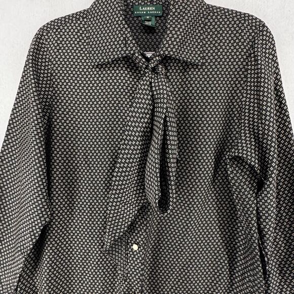 Lauren Ralph Lauren 100% Silk Blouse Black White Geometric Print Belted M - Picture 6 of 8